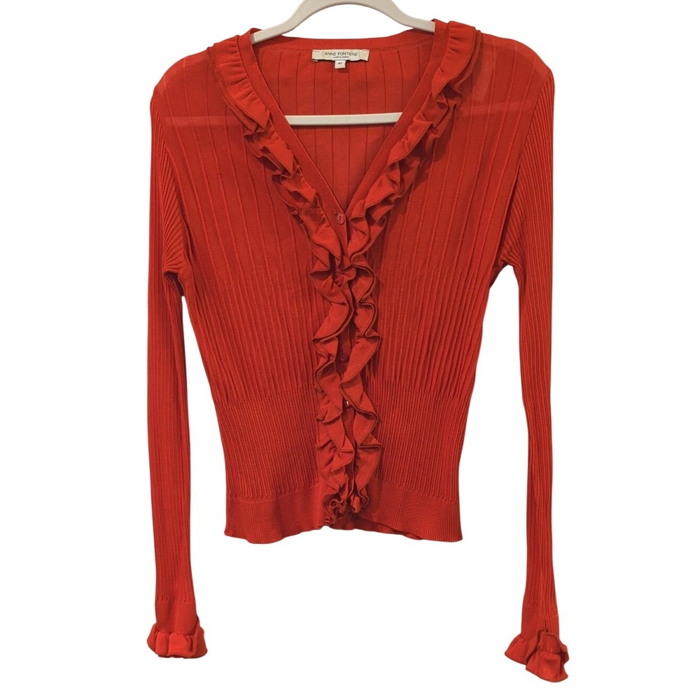 Anne Fontaine Cardigan Rust Orange Red Ruffle-Front Button Down Ribbed size 42
